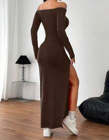 Swisz Long-Sleeved Dress With Dropped Shoulders And High Side Slit, Sexy, Elegant, Sensual, Foreign Style. - Rỉ Nâu - Xem 5