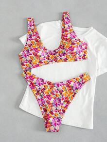 女士优雅印花扭结肩带比基尼两件式泳衣，甜美风格，适合海滩派对和夏季度假 - 彩色 - 查看 1