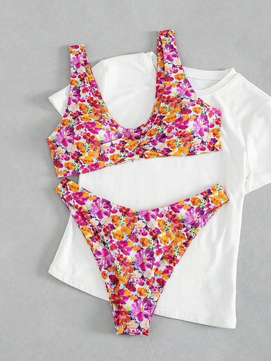 女士优雅印花扭结肩带比基尼两件式泳衣，甜美风格，适合海滩派对和夏季度假 - 彩色 - 查看 1