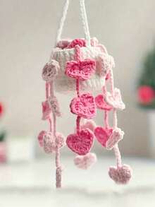 1pc Car Plant Hanging Decor, Rearview Mirror Pendant, Creative Car Strawberry & Pothos Ornament - Pink - View 8