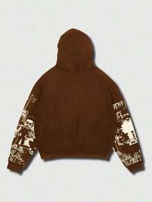 Street Life Spring Casual Graphic Men'S Autumn Street Letter & Cartoon Character Print Zip Front Drawstring Hoodie Sweatshirt, Winter - 咖啡棕 - 查看 2