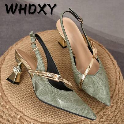 WHDXY 2026 Fashionable Mint Blue High Heels, Women's Metal Decor Pointed Toe Pumps, Comfortable Commuting Shoes, Elegant Formal Shoes With Metal Buckle Backless Design