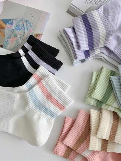 6双装女士彩色可爱条纹休闲运动中筒袜，柔软透气，适合夏季和秋季日常穿着（10双/6双/5双/4双/3双/2双/1双）