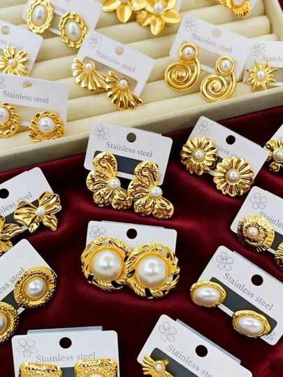 12 Pairs Of Elegant 304 Stainless Steel Earring Set, Suitable For Women's Daily Wear And Gift Giving, Gold Earrings, Fashionable And Playful, Preferred For Easter, Mother's Day, And Holiday Gift Giving