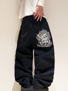 1pc Hearty Haven Men's Embroidered Wide-Leg Casual Pants, Loose Comfortable College Style Streetwear, Suitable For All Seasons, Office Wear, No Belt Or Accessories Included - Black - View 5