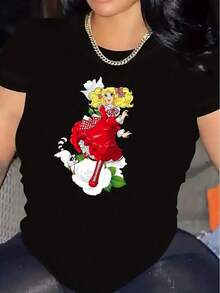 Camiseta con diseño colorido de personaje animado, estilo único y divertido para mujer juvenil, ideal para eventos casuales o salidas nocturnas, disponible en talla M y color negro, moda femenina,  2023. - Negro - Ver 1