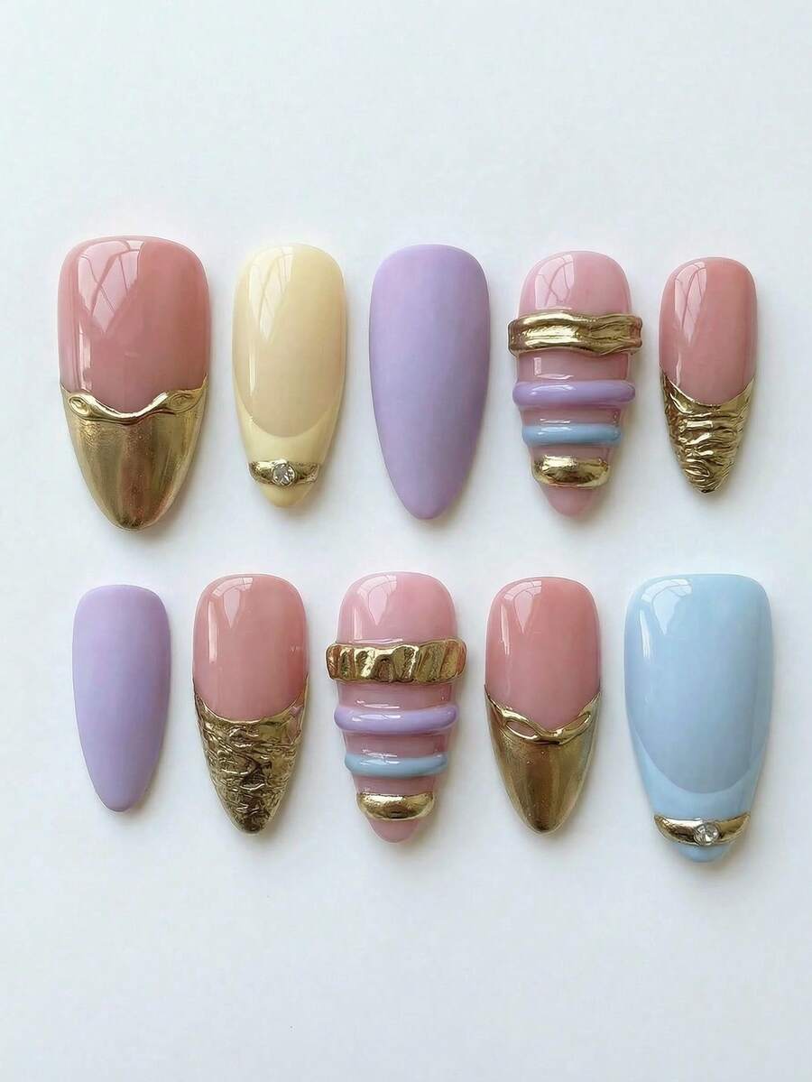 10 Móng Tay Giả Y2K Dài Vừa Hình Hạnh Nhân - Móng Tay Kiểu Pháp Hiệu Ứng Mắt Mèo Gradient Màu Sắc Với Thiết Kế Vòng 3D, Lấp Lánh & Mạ Vàng; Bộ Móng Có Thể Tháo Lắp Tái Sử Dụng (Bao Gồm Keo Dán & Dũa Móng) - Móng Tay Giáng Sinh & Năm Mới Hoàn Hảo Cho Sử Dụng Hàng Ngày & Tiệc Tùng - Nhiều màu - Xem 1