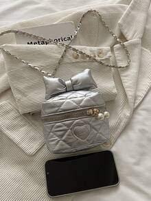 2026 New Bow Embroidered Rhombus Texture Chain Crossbody Square Bag, Fashionable Shoulder Bag For Women - Silver - View 10