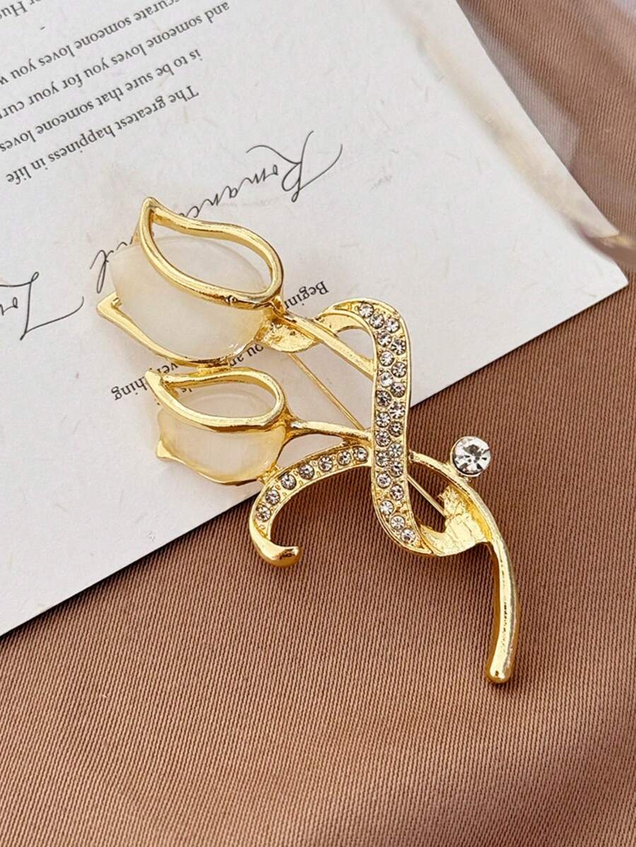 1枚法式温柔猫眼石微镶郁金香胸针，春季礼物，母亲节礼物，开衫领口胸针（水晶数量随机） - 彩色 - 查看 1