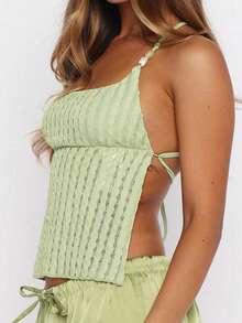 Vaiaye Women's Casual Solid Color Fitted Camisole With Shell Decor, Jacquard Texture Camisole, Suitable For Beach, St. Patrick's Day, And Commuting To Work Summer - Green - View 11