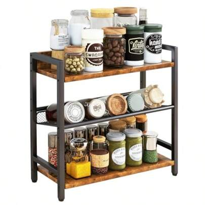 3-Tier Spice Rack Industrial Counter Shelf Desktop Storage Organizer Standing Seasoning Rack For Countertop Kitchen Office Living Room Desktop Rustic Brown UTLJ021H