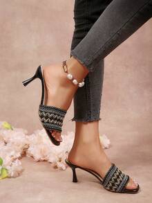 Square Toe Vintage Embroidered Fashionable Versatile High Heel Sandals, Suitable For Commuting, Dating, Business Wear In Summer - Black - View 8
