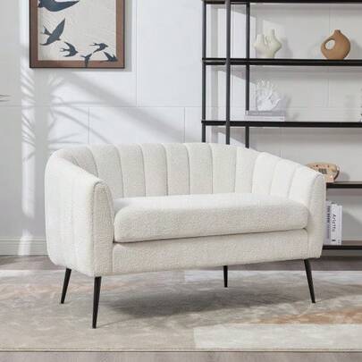Chenille Fabric Mini Princess Chair (Decorative Sofa), Modern Double Sofa, Metal Chair Legs, Grooved Fabric, For Living Room, Bedroom, Office, Small Space, Ivory