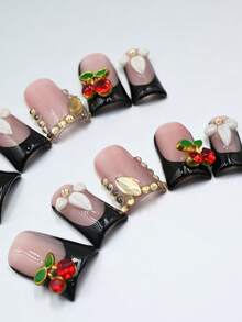 Handmade Short Duckbill Press On Nails, Black, Blush With Cherries, Rhinestones, Chain Details, Ideal For Casual Chic, Fun Outings Summer Easter - 彩色 - 查看 3