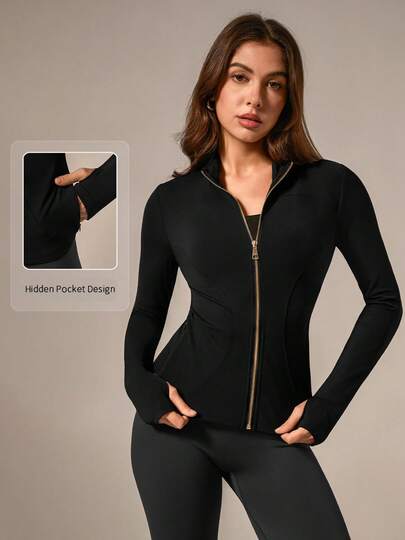 NcmRyu 1pc Women Metal Zipper Stand Collar Thumb Hole Long Sleeve Sports Jacket