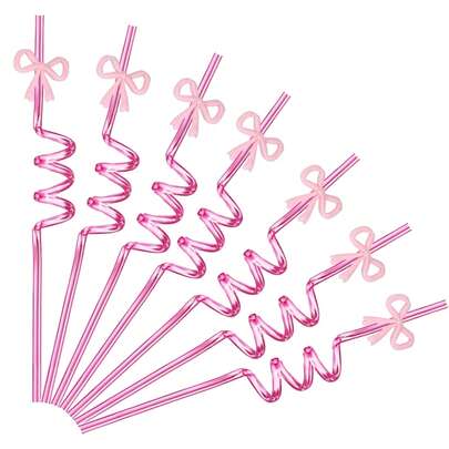 1/5pcs Reusable Plastic Straws With Glitter, Pink Bow Theme, Suitable For Birthday, Wedding, Engagement, Party Favors, Cute Party Supplies, Made Of PET Material, Food-