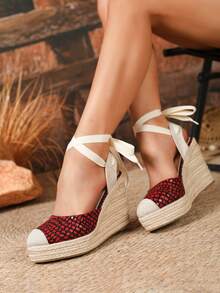 New European And American Style Linen Fisherman Woven Platform Roman Wedge Sandals For Women - Red - View 3