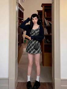 Women's Plaid Print Casual Sleeveless Minimalist Skirt, Summer - Black - View 4