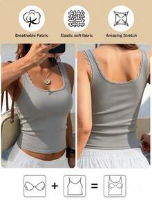 1pc Women Lace Camisole Vest, Slim Fit Sleeveless Cami Top With Padding, Spring/Summer - Grey - View 1