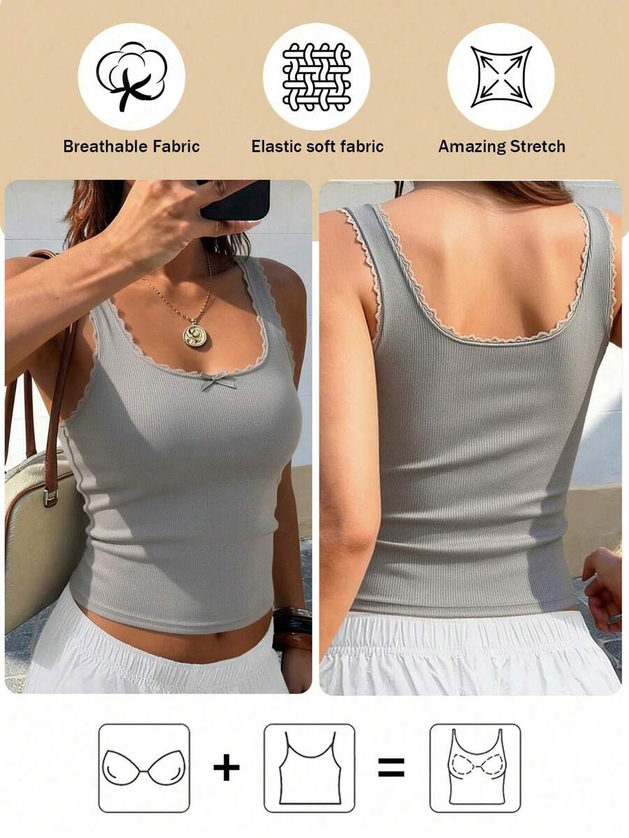 1pc Women Lace Camisole Vest, Slim Fit Sleeveless Cami Top With Padding, Spring/Summer - Grey - View 1