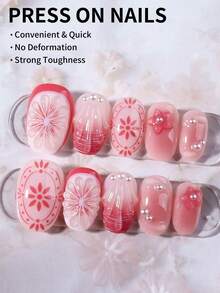 24片椭圆形花朵美甲贴纸，带珍珠装饰，适用于亚克力指甲，包含1支凝胶胶水和1个指甲锉，适合女士日常、节日派对的短款法式美甲 - 彩色 - 查看 3