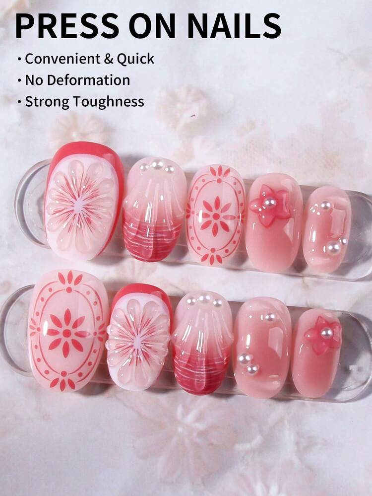 24pcs Oval Flower Nail Stickers, With Pearl Decor, Suitable For Acrylic Nails, Includes 1 Gel Polish And 1 Nail File - Multicolor - View 2
