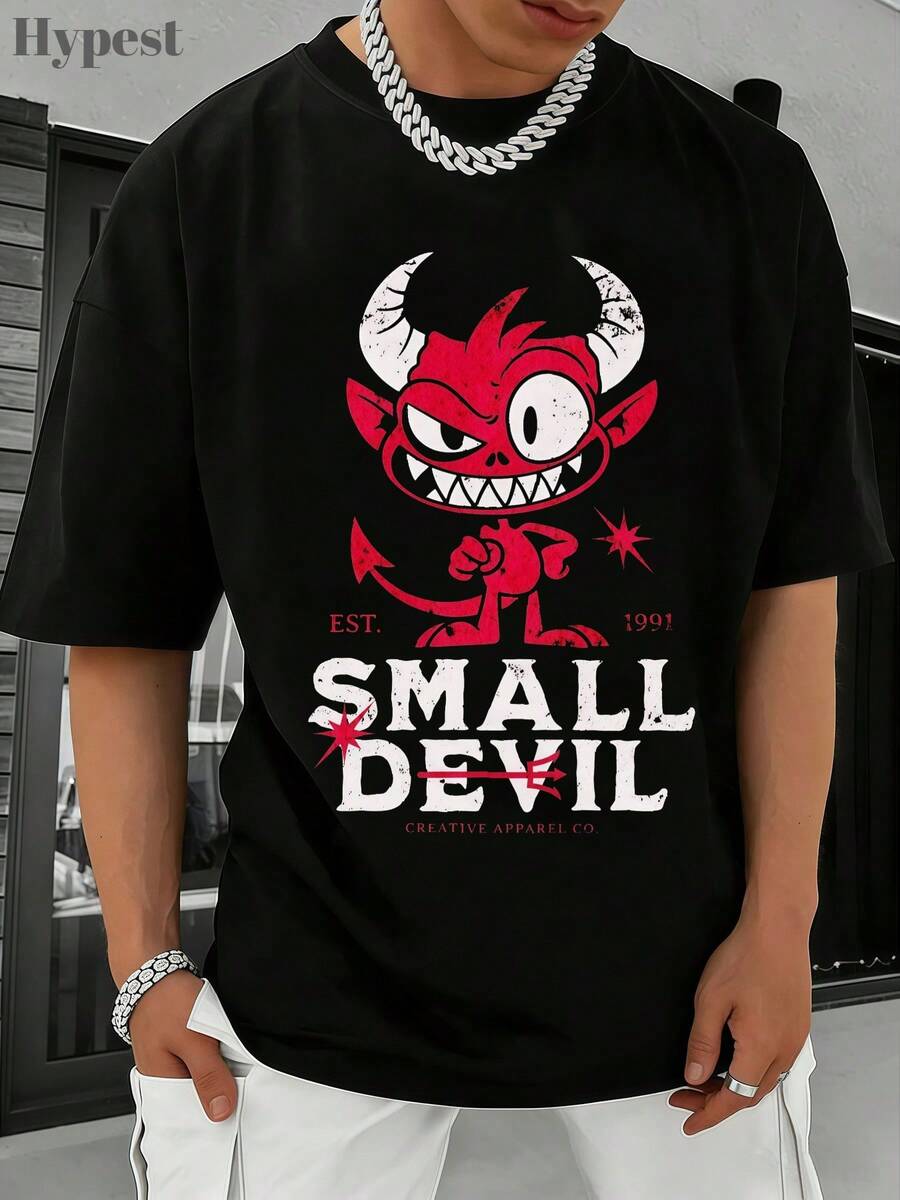 Punk Hardcore Punk Y2K Style Goth Clothing Small Devil Red Demon Cartoon Summer Outfit Men Men Clothes Mens Clothing 100 Percent Cotton Loose Fit Tops Summer Holiday Outfits Tshirts For Men For The Daily Wear - 黑色 - 查看 1