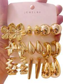 3 Paar/9 Paar Luxus Ohrringe Set in Goldoptik für Ostern, inklusive C-förmige Creolen, gekräuseltes Metall, Gang-Charm, konservierte Blumen Designs. Jedes Teil strahlt eine elegante Aura aus, geeignet für den täglichen Gebrauch, Dates, Partys, nicht verblassend, hypoallergen, vielseitig einsetzbar - Verschiedenfarbig - Übersicht 8