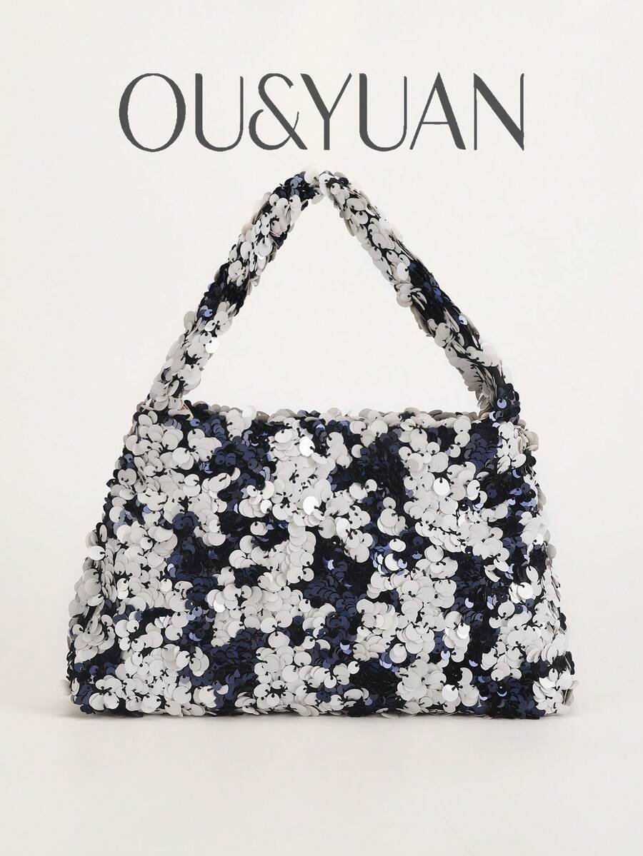 1pc Women's Luxury Floral Two-Tone Sequin Handbag, Stylish & Elegant Evening Clutch With Premium Feel. Suitable For Parties, Banquets, Shopping, Vacations And Various Occasions, Perfect Daily Accessory. - Blue - View 1