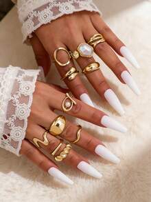 11件套朋克风戒指套装，复古几何戒指套装，时尚个性化珠宝礼品，适合日常穿搭和派对配饰 - 金黃色 - 查看 1