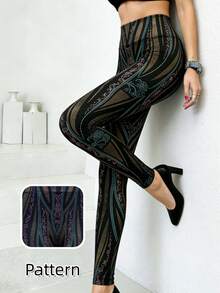 1 Piece Women's High Waisted Black Geometric Floral Printed Yoga Leggings Full Length Stretch Workout Athletic Running Pants - Black - View 3