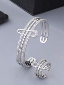 Bộ 1 chiếc vòng tay và nhẫn nữ đính đá Cubic Zirconia thời trang, thiết kế ghim cài, thích hợp đeo hàng ngày, quà tặng cho phái nữ, quà tặng dịp Eid Al-Fitr & Eid Al-Adha, phân phối sỉ. - ghim - Xem 10