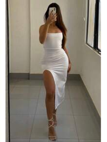 Vestido Branco Longo Elegante Suplex Feminino de Ajuste Com Decote Lateral Costas Nuas - Branco - Visão 5