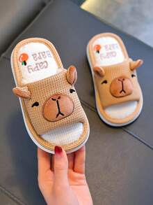 1 Pair Children's Linen Slippers, Cartoon Non-Slip Soft Bottom Indoor Slippers For Boys And Girls, Summer - Light Coffee - View 4