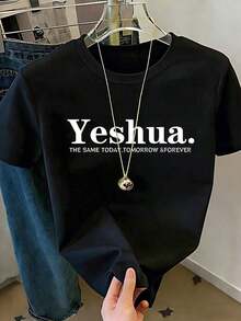Camiseta de mujer de cuello redondo con estampado de letra para el verano, informal, de manga corta, con gráficos "Yeshua EL MISMO HOY, MAÑANA Y POR SIEMPRE" - Negro - Ver 3