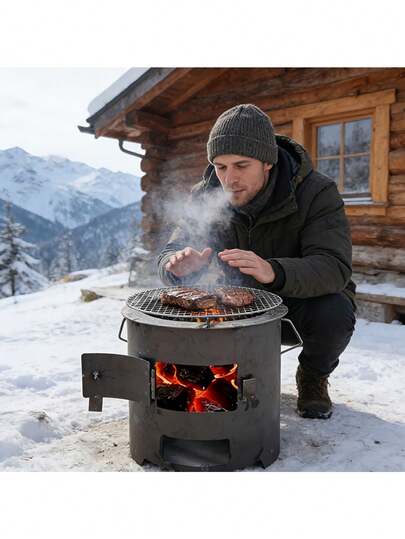 1个黑色小型户外烧烤炉，适用于花园、户外家庭聚会、篝火、户外露营锅架、即用型烹饪烧烤炉、多功能木炭炉、露营户外烹饪炉、柴火炉，可用于烧水、取暖、烧烤、烹饪，便携式设计，防滑手柄，节日派对用品