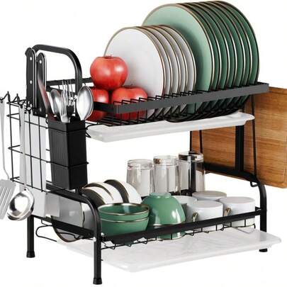 Escurridor de platos, escurridor de dos niveles, escurridor de cocina, escurridor de acero inoxidable (con bandeja de goteo y portautensilios) - Negro