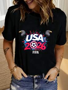 1pc World Cup Themed T Shirt With USA 2026  Soccer Themed Cartoon Print For Football Match Events 2D Flat Printing, 2D Flat - 黑色 - 查看 1