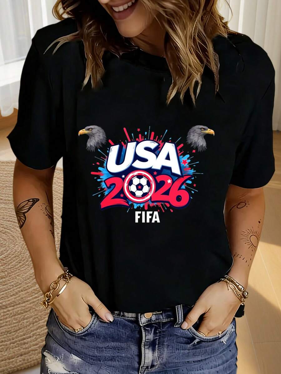 1pc World Cup Themed T Shirt With USA 2026  Soccer Themed Cartoon Print For Football Match Events 2D Flat Printing, 2D Flat - 黑色 - 查看 1