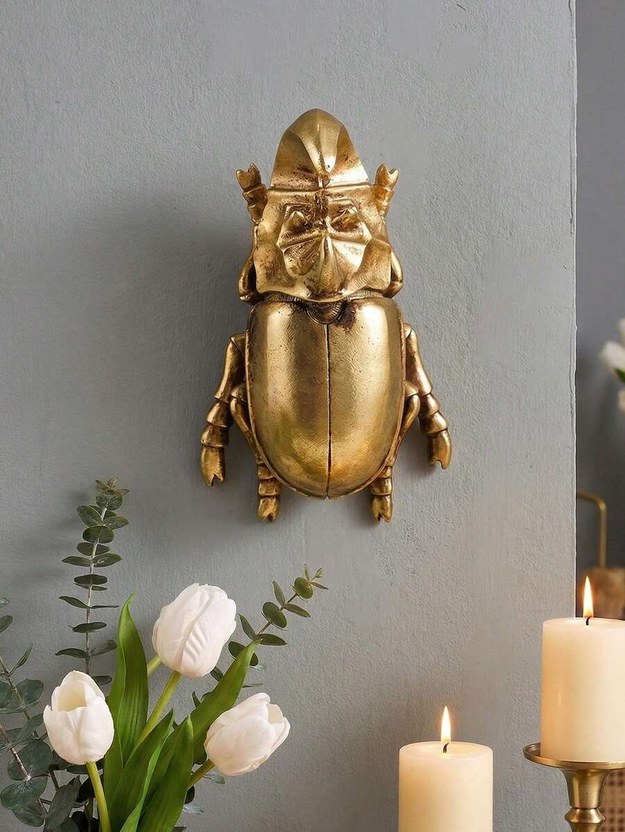 1pc Creative Resin Gold Rhinoceros Beetle Wall Decor, Handmade Insect Decoration Accessory, Suitable For Insect Lovers, Home Parties Or Insect Museum Displays - Gold - View 1