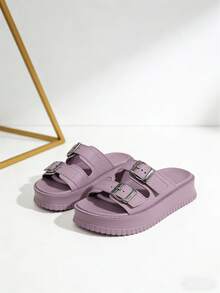 FZY Spring And Summer Women's Double-Strap Slide Sandals, Crafted From Soft, Wear-Resistant Fabric With Waterproof Performance, Featuring Bright Silver Metal Square Buckles With Adjustable Pin Closures To Fit Different Foot Shapes. Height-Increasing Slippers With A Highly Elastic Thick Platform Sole Design That Adds Height, Slims The Figure And Elongates Leg Lines. Casual Shoes With Serrated Anti-Slip Soles That Enhance Walking Safety, Fitting The Foot Shape For Comfortable, Breathable Wear, Beach Slide Sandals Suitable For Multiple Scenarios Including Daily Outings, Commuting To Work And Beach Vacations. Casual Outdoor Shoes That Pair Easily With Jeans,Boasting A Gentle Tone That Suits All Skin Tones And Multiple Styles, Outdoor Casual Shoes That Meet Women's Daily Wear And Comfort Needs. Combining Practicality And Appearance, Commute & Vacation Slide Sandals For Women Who Pursue Height Increase And Comfort, Casual Slide Sandals That Balance Appearance And Practicality In Easter Outfits. - Purple - View 5