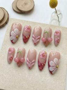 Brighten Your Nails – 10PCS Fall/Winter Medium‑Length Almond Handmade Press On Nails, Y2K Pink Gradient Zebra French Tip Nails With Hand‑Painted Floral & Cherry Art, Droplet 3D Emboss & Gold Bead 3D Accents, Removable Reusable Nail Set (Includes Nail Glue & Nail File) – & Cute Christmas Nails - 粉色 - 查看 3