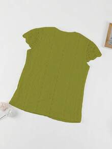 V领蕾丝拼接镂空刺绣前扣春夏短袖度假上衣 - 青檸色 - 查看 3