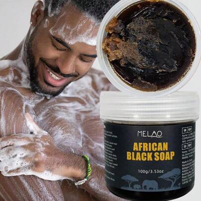  MELAO 传统非洲黑皂，深层清洁面部及身体，适用于油性及易长痘肌肤，100% 天然成分，100克/3.53盎司