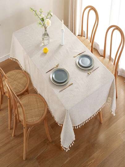 1件杏色蕾丝桌布，亚麻绳蕾丝饰边，美式餐桌布，带流苏茶几布，防尘桌布，适用于厨房、餐桌、家居装饰