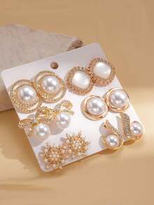 12件套水钻仿珍珠树脂方形、圆形、雪花形、蝴蝶结耳钉，欧美跨境珠宝 - 彩色 - 查看 2