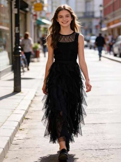 Váy maxi xếp tầng bằng vải voan nhẹ cho bé gái, cạp cao, mềm mại, dáng chữ A, thoải mái, mặc hàng ngày, kiểu công chúa.