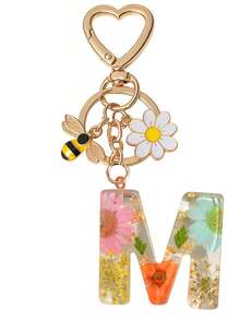 1pc Initial Letter Cute Bee & Flower Keychain, Heart Shaped Daisy Keyring Accessory, Decoration For Women Handbag Gift - Color - View 19
