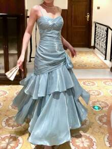 闪亮荷叶边下摆派对礼服，优雅炫彩吊带演唱会礼服，时尚伴娘正式生日毕业礼服，春夏婚纱 - 淺藍色 - 查看 4