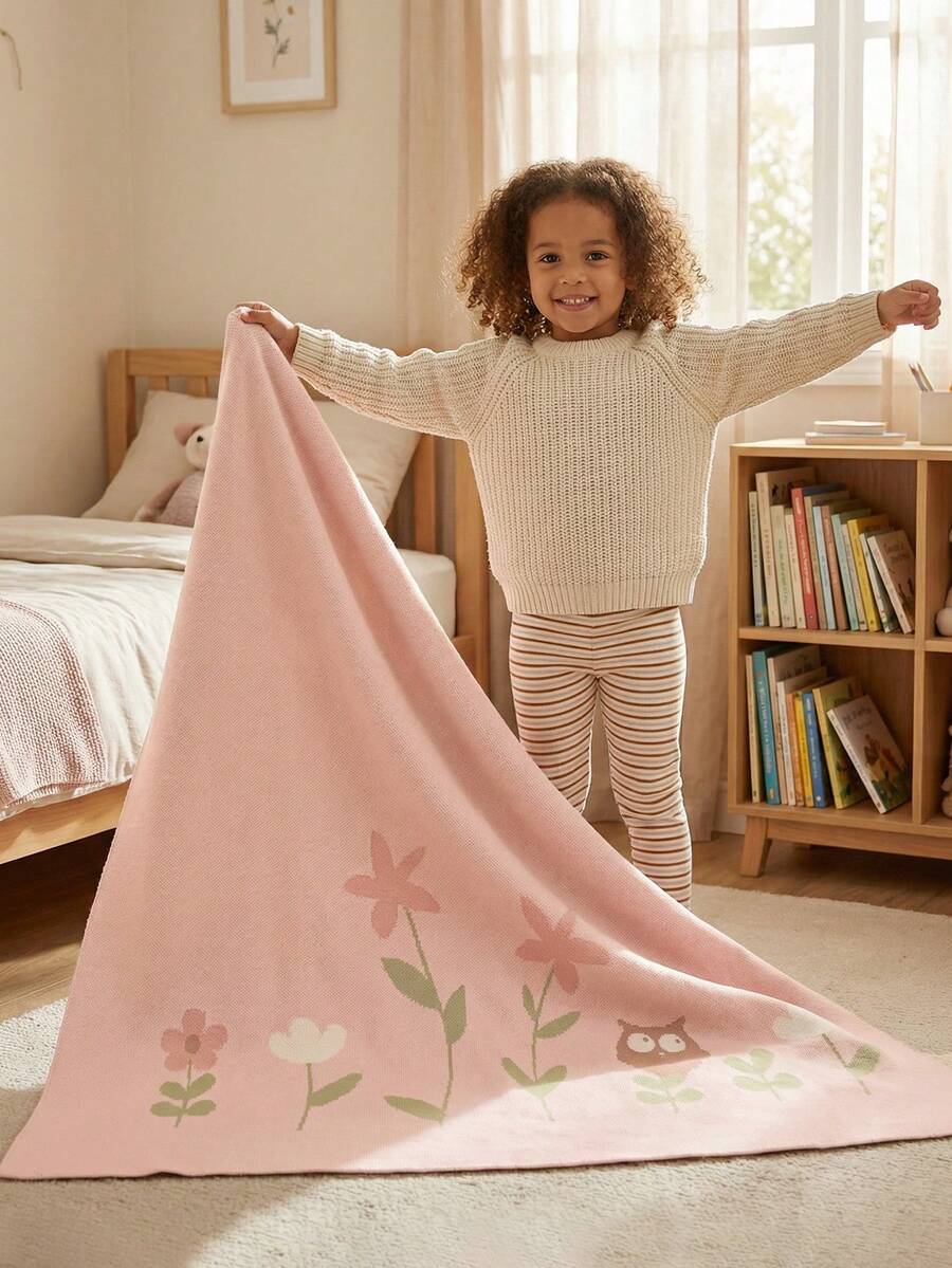100% Cotton Knitted Blanket For Newborn Baby, Owl & Flower Pattern, Stroller Blanket, Baby Swaddle Wrap, Suitable For All Seasons - Pink - View 1